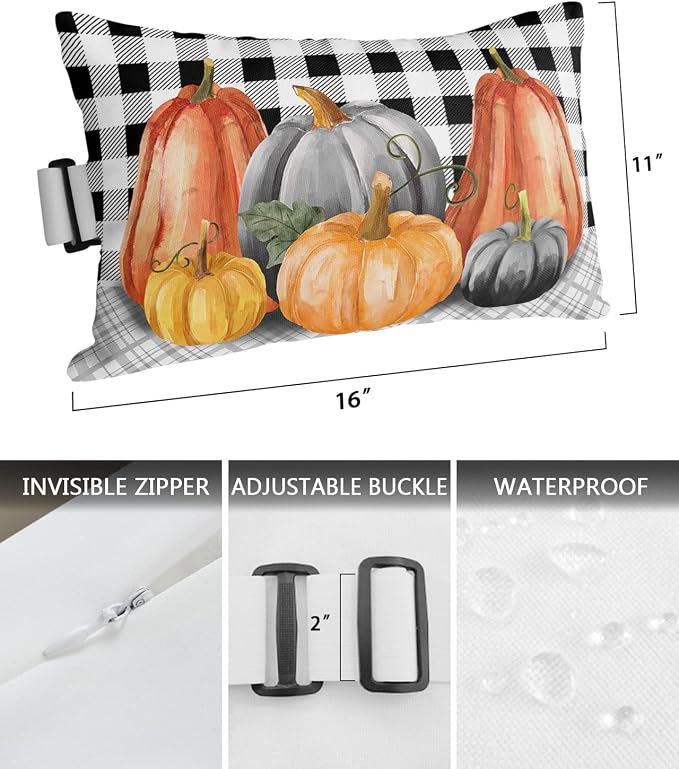 Outdoor Pillows Covers with Inserts Fall Pumpkin Black White Lattice Waterproof Recliner Pillow with Adjustable Strap Throw Pillows for Patio Furniture Pool Lounge Chair, 11x16 inch, 2PCS