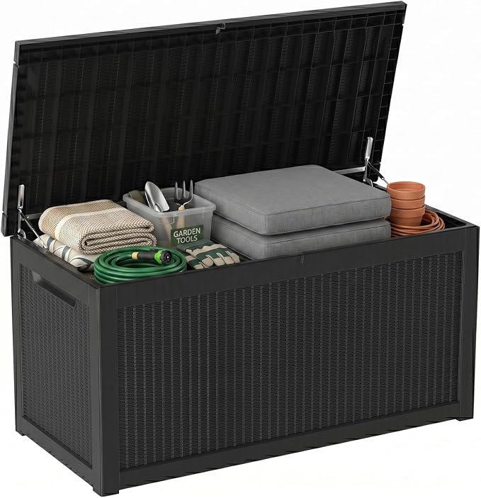319 Gallon Extra Large Outdoor Storage Box, Waterproof Deck Box with Lockable Lid, Resin Outside Storage Box for Patio Furniture, Pool Accessories, Garden Tools, Storage Bench for Backyard,Porch,Black