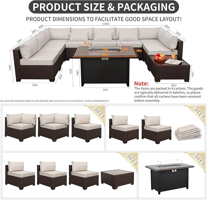 Rattaner 10 Pieces Outdoor Sectional All-Weather Wicker Patio Furniture Set Patio Sectional and Steel Fire Table and Glass Patio Table Non-Slip Cushions and Waterproof Covers, Beige