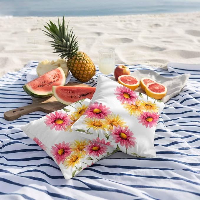 Yellow Pink Daisy Outdoor Pillow Covers 18"x18" Set of 2, Rustic Farmhouse Boho Wildflowers Waterproof Throw Pillow Covers for Patio Furniture, Decorative Cushion Covers for Porch