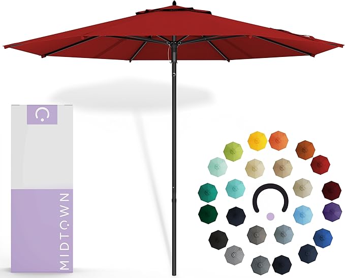 Midtown Umbrellas Push & Pop 10 Ft Patio Umbrellas with Push & Pop Mechanism, Fiberglass Ribs & Sunbrella Fabric – Outdoor Umbrella for Deck, Pool, Cafés and Hotels – Red Canopy, Black Pole