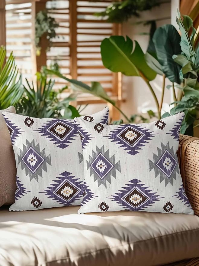 Waterproof Outdoor Pillow Set of 2 Purple Boho Aztec Decorative Throw Pillows Cover & Insert 16x16 Inch Pillowcase Southwest Tribal Style Pillows for Couch Sofa Bed Patio Furniture Indoor Outdoor