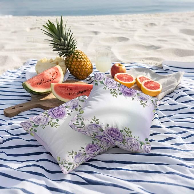 Outdoor Waterproof Throw Pillow Covers Set of 2 Purple Rose Flower Pillowcases 18x18 Inches Watercolor Floral Green Leaves Decorative Pillows Cushion Case Patio Pillows for Couch Bed Chair Garden