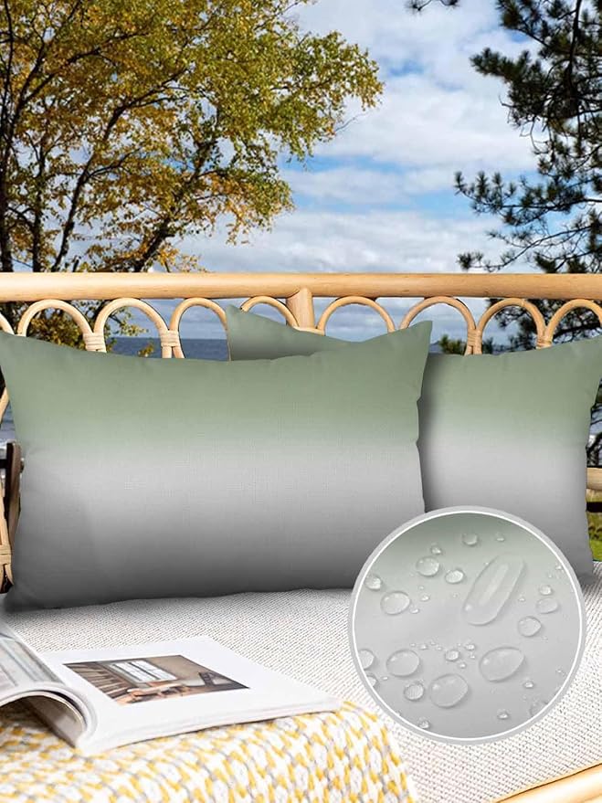 Outdoor Waterproof Throw Pillow Covers Set of 2 Sage Green Lumbar Pillowcases 20x12 Inches Ombre Green Grey Patio Decorative Pillows Cushion Case Patio Pillows for Couch Bed Chair Garden