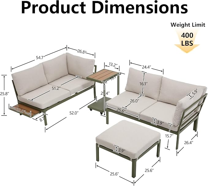 4 Piece Patio Sectional Sofa Set, Patio Furniture Set with Cushions, Outdoor Furniture Conversation Set for 5, Modern Modular Patio Couch with Side Table/Pullout Tray for Deck/Pool, Beige