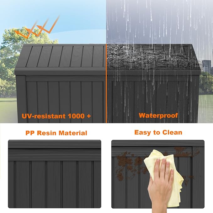DRATO 150 Gallon Outdoor Storage Box Waterproof, Large Resin Lockable Outdoor Deck Box with Lid, Weatherproof Container for Patio Furniture Cushions, Garden Tools, Pool Accessories (Black, 150 Gallon)