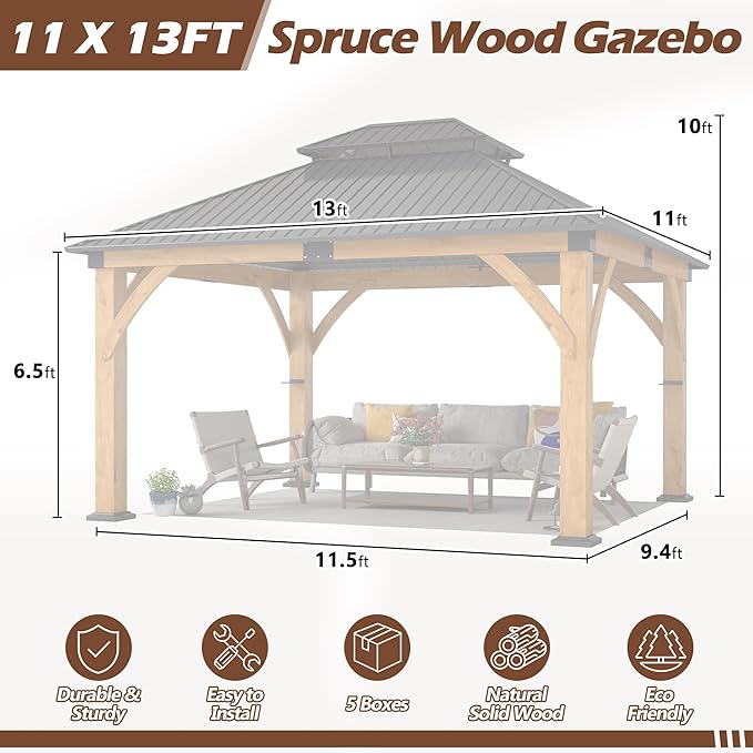 11' x 13' Upgraded Wood Gazebo, Spruce Wood Hardtop Gazebo with Double Galvanized Steel Roof, Outdoor Wooden Pavilion for Deck, Backyard