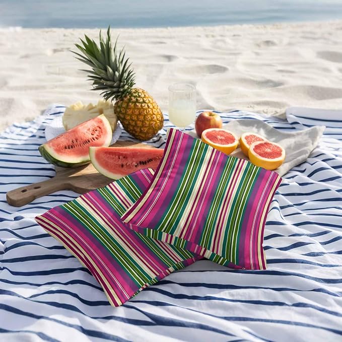 Outdoor Waterproof Throw Pillow Covers Set of 2 Pink Striped Pillowcases 18x18 Inches Geometric Green Stripes Decorative Pillows Cushion Case Patio Pillows for Couch Bed Chair Garden