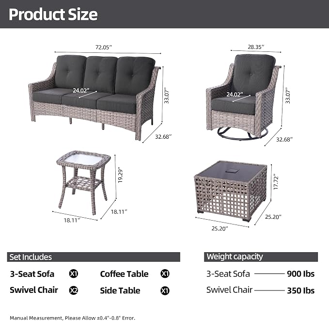 HOOOWOOO 5 Piece Patio Furniture Conversation Sets with Swivel Rocking Chairs,Outdoor Wicker Furniture with LED Tablet,All Weather Resistant High Back Rattan Conversational Set(Black)