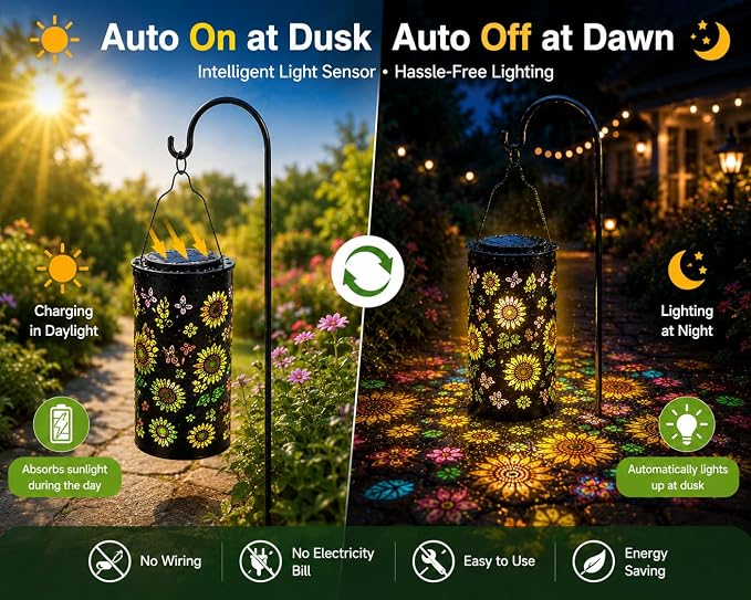 Colorful Sunflower Glow Solar Lantern, IP55 Waterproof Solar Garden Lantern with Multicolor Sunflower Projection, Outdoor Decorative Light for Patio, Yard and Garden