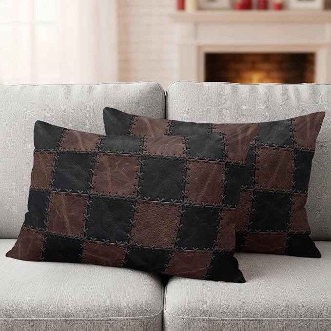 Black Brown Checkered Outdoor Pillow Covers 20x12 Inch Lumbar Pillow Covers Set of 2 Waterproof Decorative Throw Pillow Cases Modern Farmhouse Plaid Wooden Cushion Covers for Patio Furniture Garden