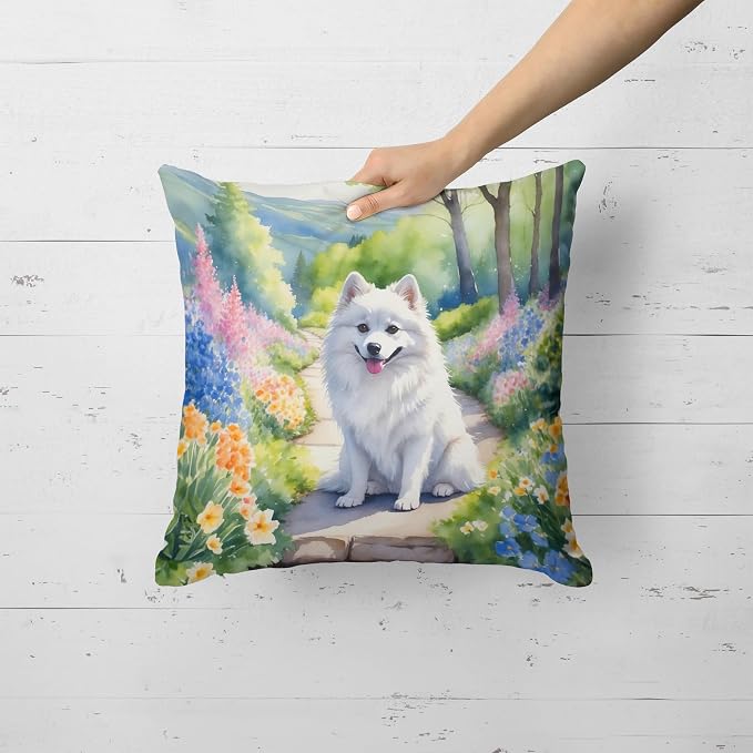 Caroline's Treasures American Eskimo Spring Garden Throw Pillow Machine Washable, Indoor Outdoor Decorative Pillow for Couch, Bed or Patio, 18Hx18W