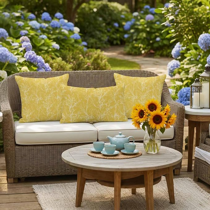 Yellow Branches Waterproof Outdoor Pillow Covers Set of 2 Home Decor, Abstract Art Leaves Plant Pillowcase Patio Pillow Covers for Couch Bench Patio Furniture Garden 24x24in