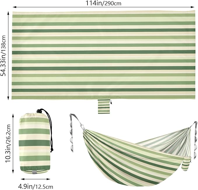 Camping Hammock Outdoor Hammocks for Outside Green Cream Stripe Beach Trees Portable Lightweight with Pockets Tree Straps Indoor