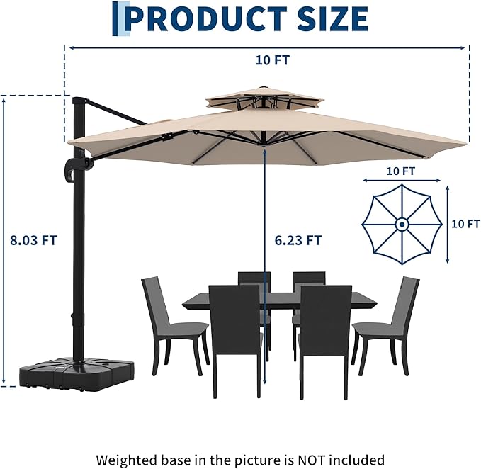 10x10 ft Round Outdoor Umbrella, Cantilever Patio Umbrella with 360° Rotation & Adjustable Height, Heavy Duty Aluminum Umbrella Outdoor Patio for Garden Poolside,Khaki (Base Not Included)