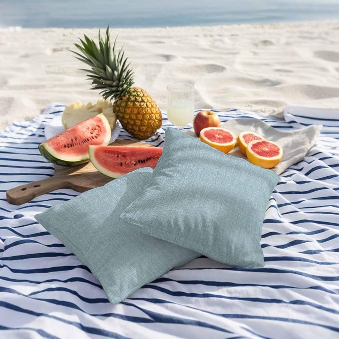 Outdoor Waterproof Throw Pillow Covers Set of 2 Blue Linen Pillowcases 16x16 Inches Farmhouse Pure Color Decorative Pillows Cushion Case Patio Pillows for Couch Bed Chair Garden