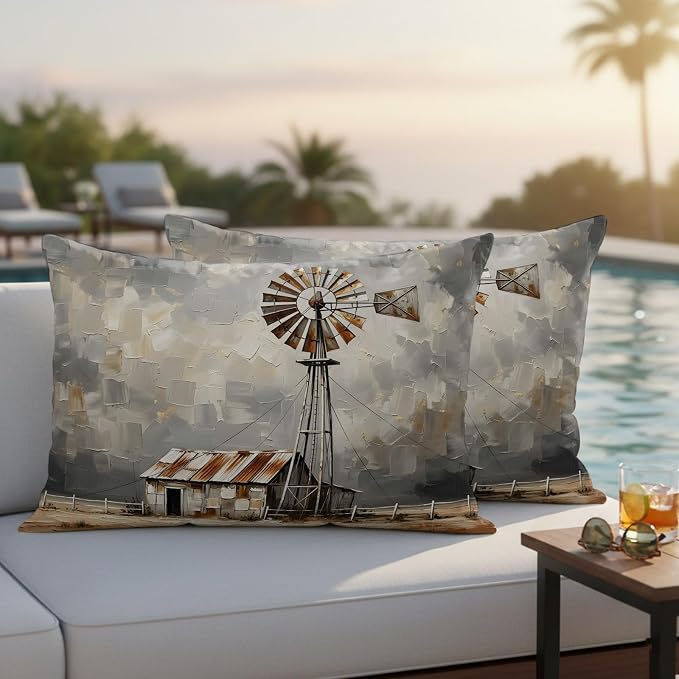 Gray Rustic Windmill Outdoor Pillow Covers 20"x12" Set of 2, Farmhouse Country Barn Oil Painting Waterproof Throw Pillow Covers for Patio Furniture, Decorative Cushion Covers for Porch