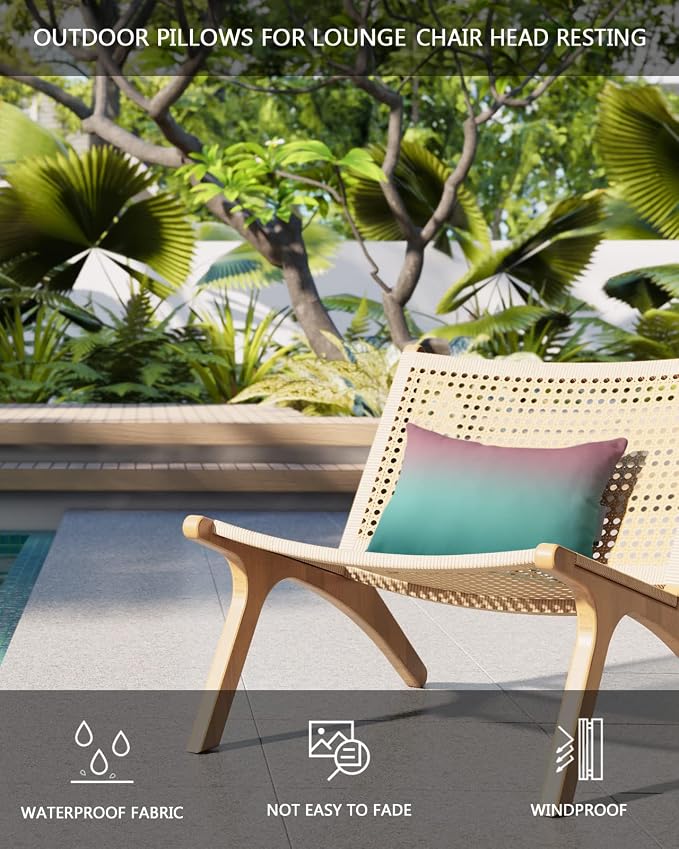 Outdoor Pillows Covers with Inserts Green and Pink Gradient Waterproof Recliner Pillow with Adjustable Strap Throw Pillows for Patio Furniture Pool Lounge Chair, 11x16 inch, 1PCS