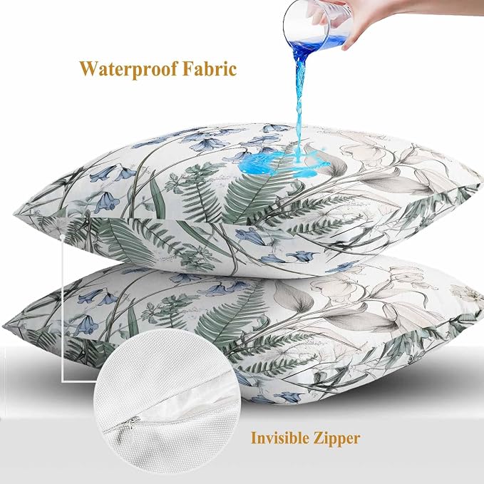 Throw Pillow Covers 18x18 Inch Set of 2, Blue Beige Floral Waterproof Outdoor Pillow Covers, Farmhouse Botanical Decorative Cushion Pillowcases for Couch, Sofa, Bed, Garden, Patio