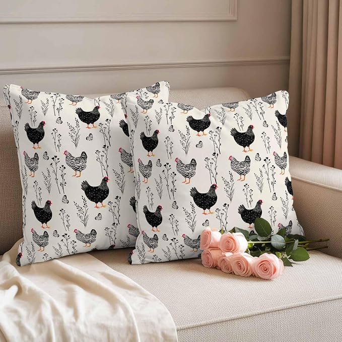 Beige Farm Chicken Outdoor Pillow Covers 20"x20" Set of 2, Country Farmhouse Black White Rooster Flower Leaf Waterproof Throw Pillow Covers for Patio Furniture, Decorative Cushion Covers for Porch