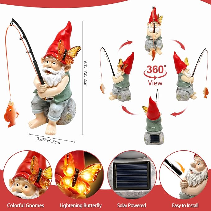 Solar Garden Gnome Statues, Outdoor Fishing Gnome with Butterfly Solar Lights Waterproof, Birthday Gifts for Mom Women Mother's Day, Garden Figurines for Yard Decor Patio Porch Lawn Ornaments