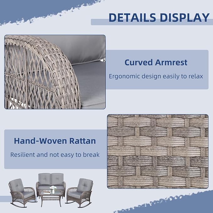 4-Piece Wicker Patio Furniture Sets Outdoor All-Weather Rattan Conversation Set Includes Glider Loveseat, Glass-Top Coffee Table, 2 Rocking Chairs with Thickened Cushions, Gray
