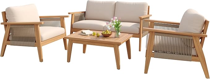 Merax Outdoor 4-Piece Acacia Wood & Rope Sectional Patio Set, Loveseat, Chair & Table with Water-Repellent Cushions