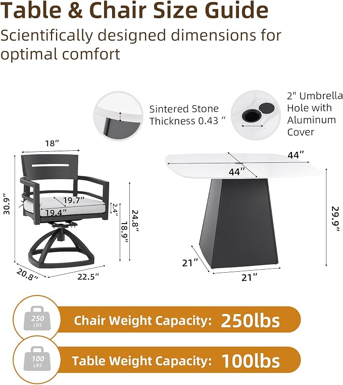 5-Piece Outdoor Patio Dining Table Set, Modern Sintered Stone Dining Table with 4 Sunbrella Swivel Chairs, Aluminum Frame and Umbrella Hole, Durable & Weather/Heat-Resistant