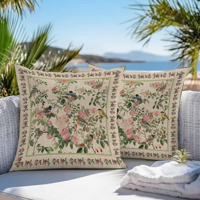 Vandarllin Outdoor Throw Pillows Covers 16x16 inch Set of 2 Waterproof Pink Floral Bird Decorative Zippered Cushion Covers for Patio Furniture, Green Leaves Branches Linen Lumbar Pillowcases