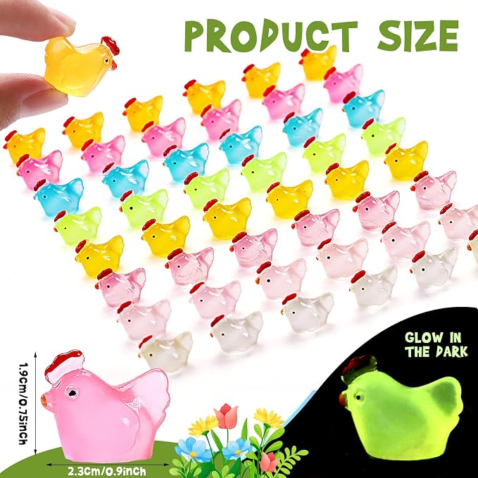 160 Pcs Luminous Mini Chicken, Glow in Dark Figurines - Resin Miniature Animals in 8 Colors for DIY Project, Garden, Dollhouse, Aquarium Decor, Glows at Night