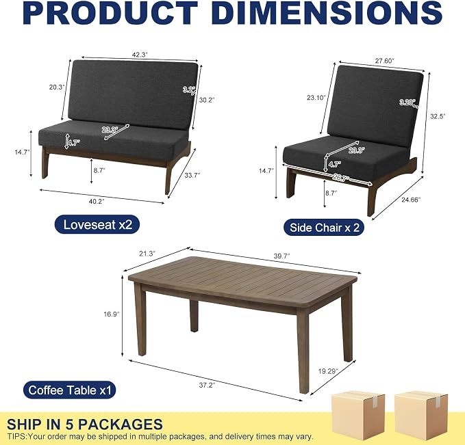 Pia Ricoo 4 Piece Patio Furniture Sets, Outdoor Furniture with 2 Chairs & Coffee Table, Patio Conversation Set for Backyard, Deck, Lawn, Drak
