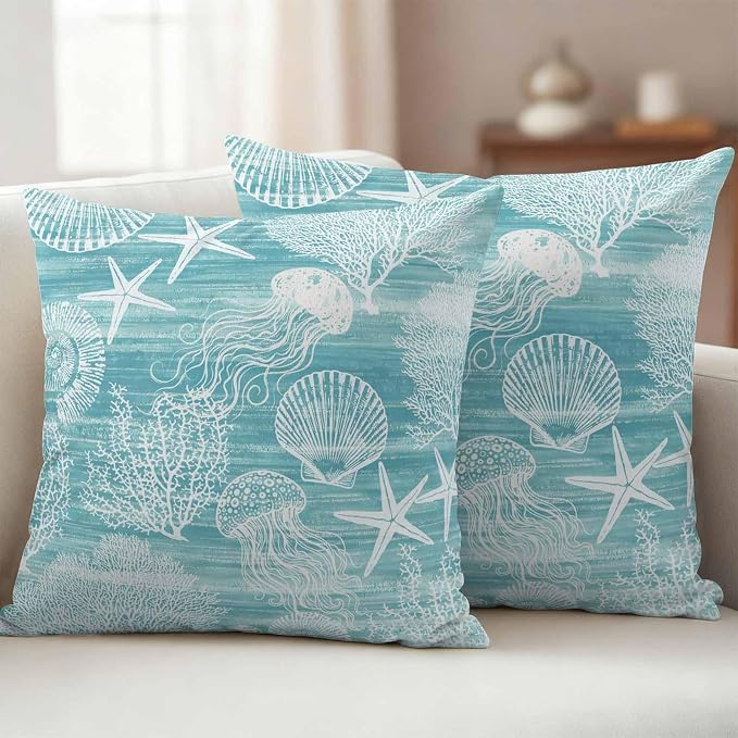 Teal Coastal Outdoor Waterproof Throw Pillow Covers Set of 2, 26"x26", Nautical Starfish Jellyfish Coral Summer Decorative Pillow Covers Outside Cushion Case for Patio Porch Garden