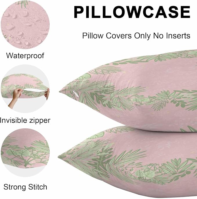 Vandarllin Outdoor Throw Pillows Covers 20x12 inch Set of 2 Waterproof Sage Green Leaves Decorative Zippered Cushion Covers for Patio Furniture, Spring Floral Plants Pink Lumbar Pillowcases
