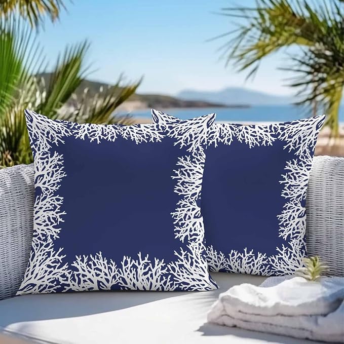 Vandarllin Outdoor Throw Pillows Covers 16x16 inch Set of 2 Waterproof Navy Blue Coral Decorative Zippered Cushion Covers for Patio Furniture, Coastal Marine Life Lumbar Pillowcases