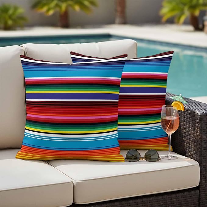 Colorful Striped Outdoor Pillow Covers 18x18 Inch Throw Pillow Covers Set of 2 Waterproof Decorative Pillow Cases Boho Rainbow Stripes Abstract Lines Cushion Covers for Patio Furniture Garden Couch