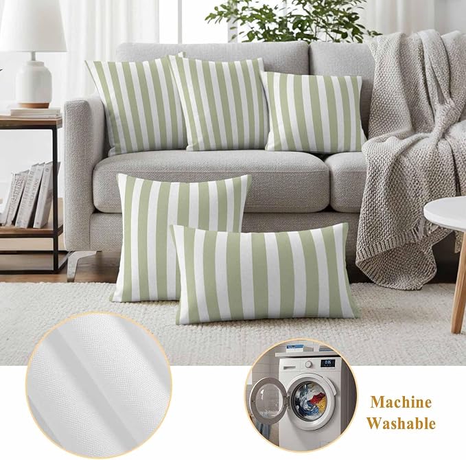 Sage Green Striped Outdoor Waterproof Throw Pillow Covers 26x26 Set of 2, Modern Farmhouse Sage Green White Stripes Decorative Pillowcases Cushion Pillowcase for Couch Sofa Patio Pillow Protector