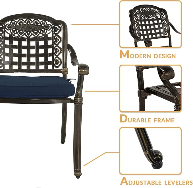 3-Piece Outdoor Patio Dining Set, All-Weather Cast Aluminum Patio Furniture Set for Backyard Garden Deck with 2 Cushioned Chairs and 31” Round Table, 2" Umbrella Hole, Navy Blue