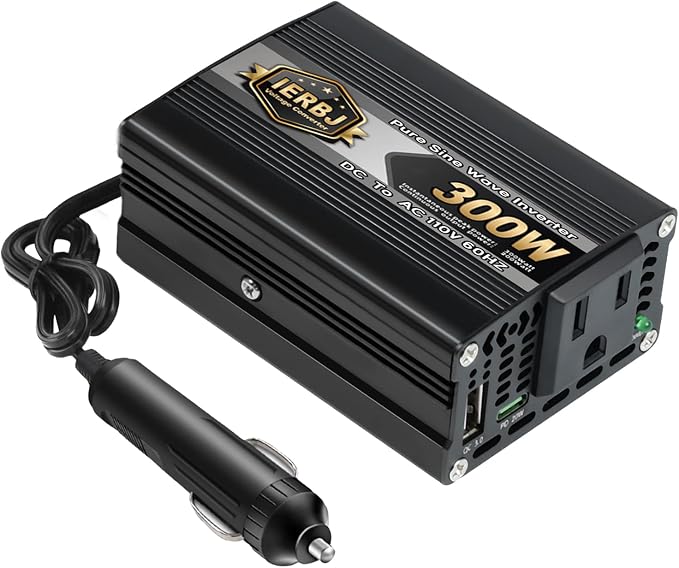 IERBJ 200W Power Inverter, DC 12V to AC 110V, 300W Peak Power, Car Plug Adapter Outlet Converter with USB Charging Ports,Type-C Ports,with Cigarette Lighter Socket for Laptop (Black)