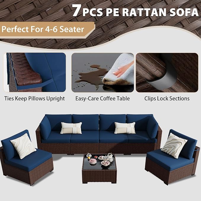 KIGOTY 7-Piece Patio Furniture Set, All-Weather PE Rattan Outdoor Sectional Sofa, Modular Wicker Conversation Set with Thick Cushions & Easy-Clean Coffee Table（Brown/Navy）