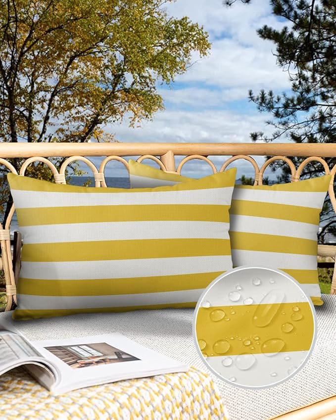 Outdoor Waterproof Throw Pillow Covers Set of 2 Yellow White Stripe Lumbar Pillowcases 20x12 Inches Simple Style Striped Decorative Pillows Cushion Case Patio Pillows for Couch Bed Chair Garden
