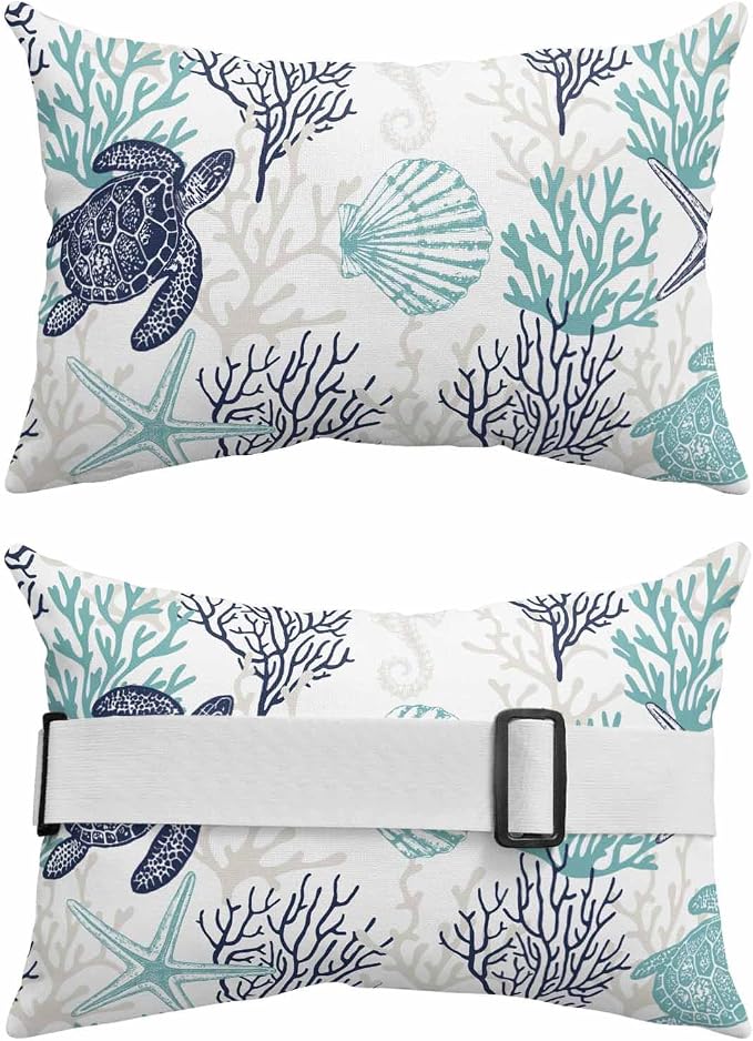 Lumbar Pillow Covers Set of 4, Teal Blue Coastal Waterproof Outdoor Chaise Lounge Pillow Covers with Elastic Strap, Sea Turtle Nautical Coral Summer Beach Headrest Pillowcase for Patio, 12 x 20