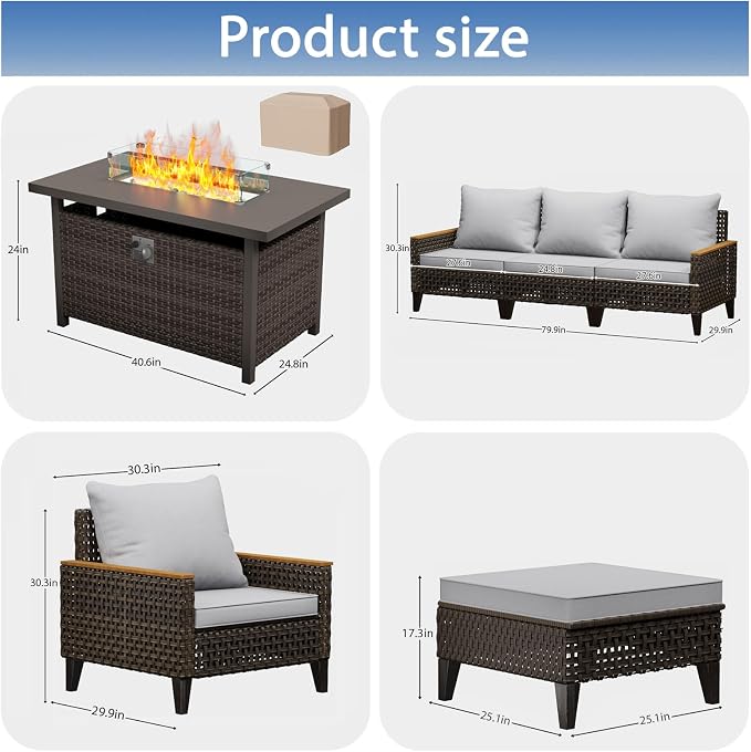 8Piece Patio Furniture Set with 50000 BTU Propane Fire Pit Table, All-Weather Wicker Rattan Outdoor Sectional Sofa Set with High Back and Thick Cushions for Garden, Porch, Poolside, Grey