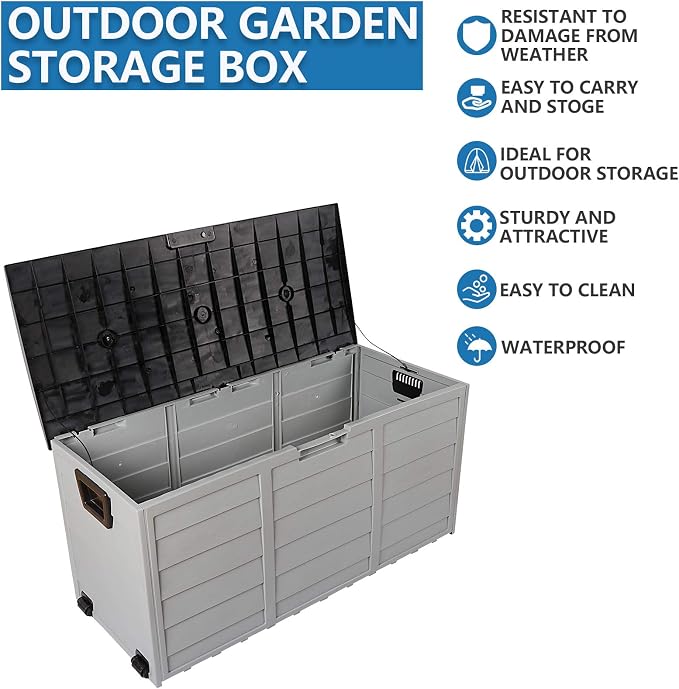 75Gal Outdoor Storage Box Deck Box Outdoor Garden Plastic Storage Deck Box Lockable Storage Box Outdoor Toy Box Patio Furniture for Garden Pool Balcony Yard Porch Delivery Black & Grey