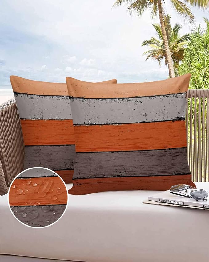 Outdoor Throw Pillow Covers 20X20 Set of 2 Waterproof Ombre Burnt Orange Gray Decorative Zippered Cushion Covers for Patio Furniture, Farmhouse Retro Rustic Barn Wood Texture Lumbar Pillowcases