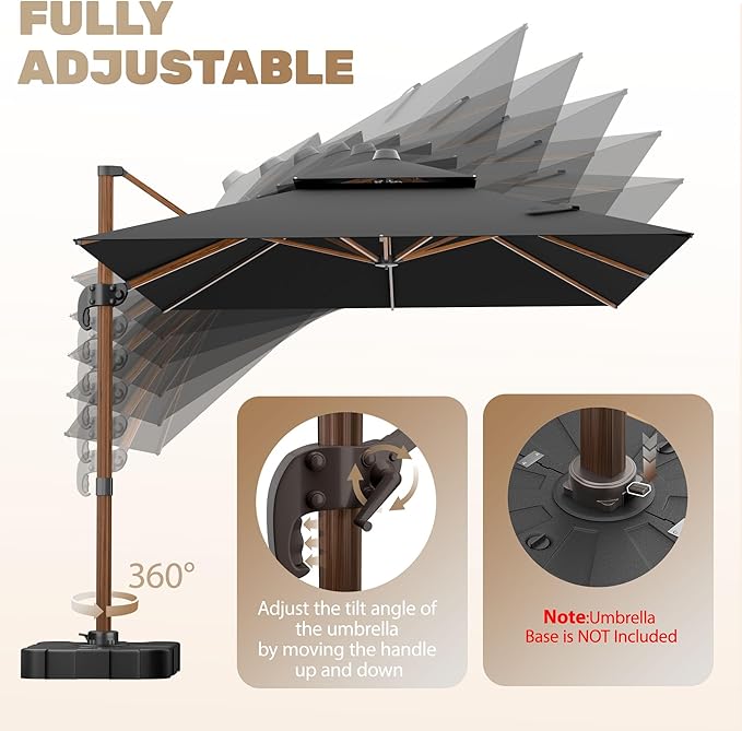 10x13FT Cantilever Outdoor Patio Umbrellas, Double Top Wood Pattern Rectangle Umbrella, Heavy Duty 360°Rotation Offset Umbrella for Garden Deck Pool Patio, Black