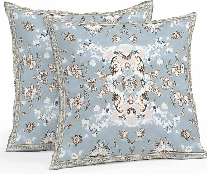 Boho Ethnic Waterproof Outdoor Pillow Covers Set of 2 Home Decor, Blue Farmhouse Abstract Geometric Motifs Pillowcase Patio Pillow Covers for Couch Bench Furniture Garden 16x16in