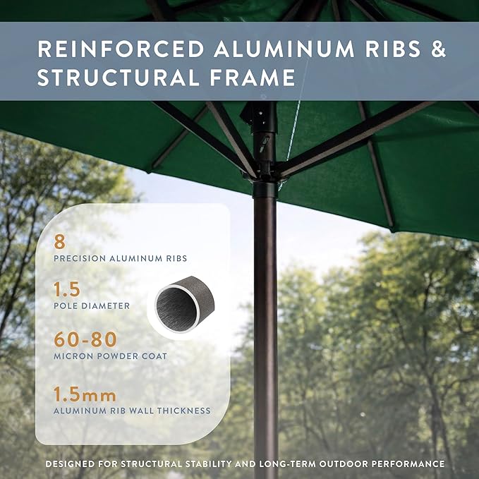California Umbrella 8-Year Protection 9 Ft Outdoor Patio Umbrella, Solstice Fade-Resistant Fabric, Auto-Tilt, Heavy Duty Aluminum Frame, 8 Reinforced Ribs for Pool or Deck, Bronze Pole, Hunter Green