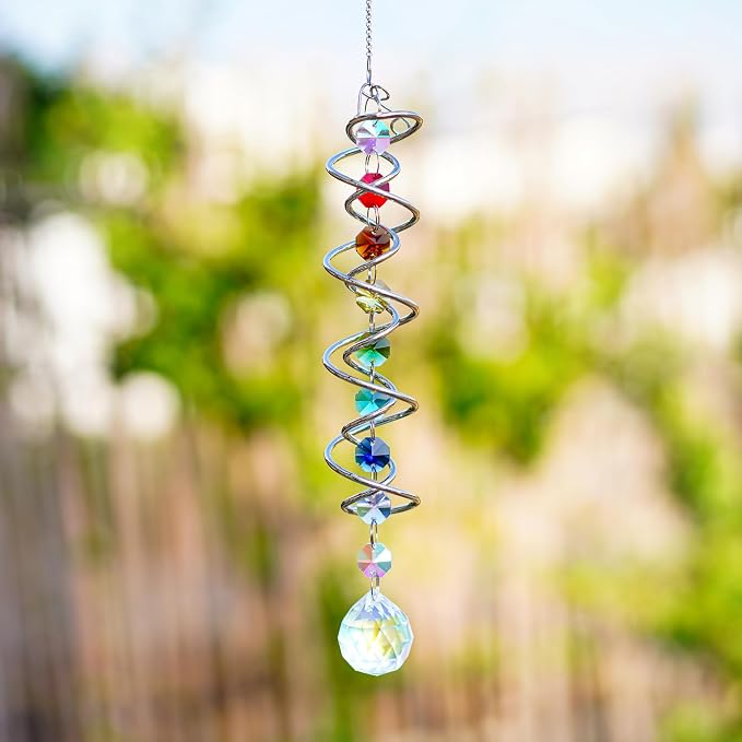 20.5in Crystal Sun Catcher with Chakra Beads Wind Spinner Decor | Crystal Sun Catcher Hanging with Seven Chakra Beads and Spiral Tail Wind Spinner for Window Indoor Garden Christmas Decor