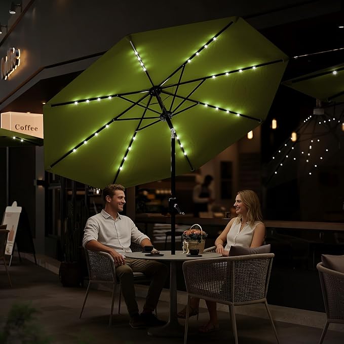 Garvee 9 FT Patio Umbrella with Solar Lights, Outdoor Table Umbrella with 8 Durable Ribs, Tilt & Crank Mechanism, Waterproof & UV Protection for Garden, Backyard, Poolside, Green