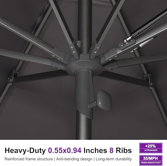 PURPLE LEAF 10 FT LED Round Patio Umbrella with Solar Lights Heavy Duty Windproof Semi Auto for Outdoor Dining Rooftop Bar Wedding Venue Resort Event Hotel Restaurant Night Business Commercial Use Grey